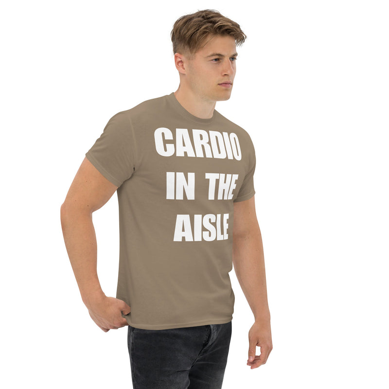 Cardio in the Aisle | travel workout tee in Brown (right front angle) — layover-ready travel fitness apparel by Dumbbells & Hotels