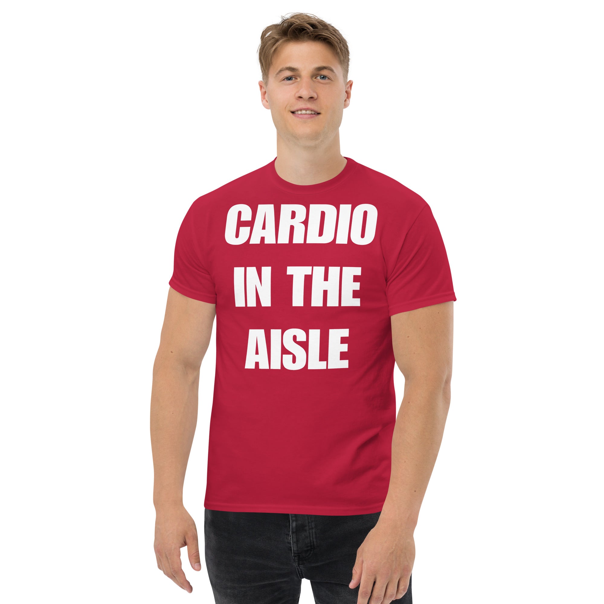 Cardio in the Aisle | travel workout tee in Cardinal (front view) — layover-ready travel fitness apparel by Dumbbells & Hotels