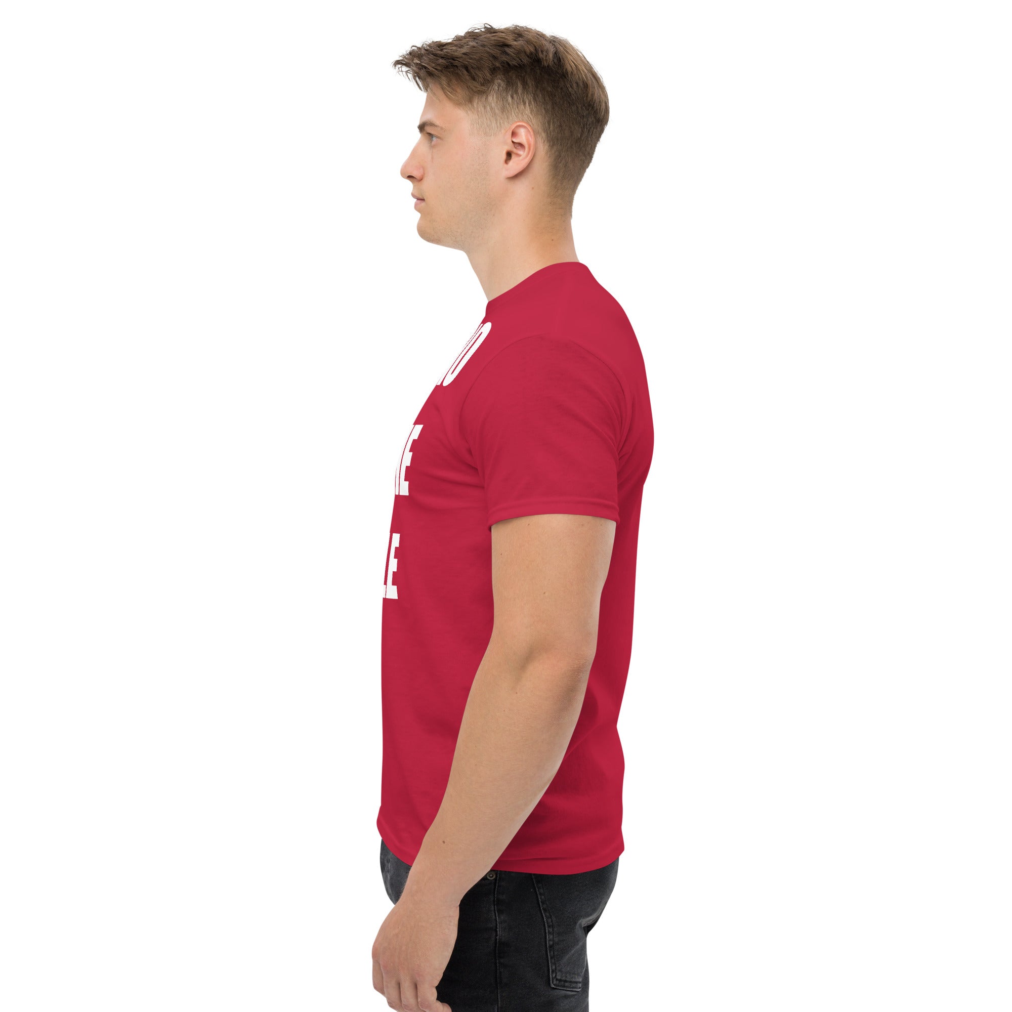 Cardio in the Aisle | travel workout tee in Cardinal (left side) — layover-ready travel fitness apparel by Dumbbells & Hotels