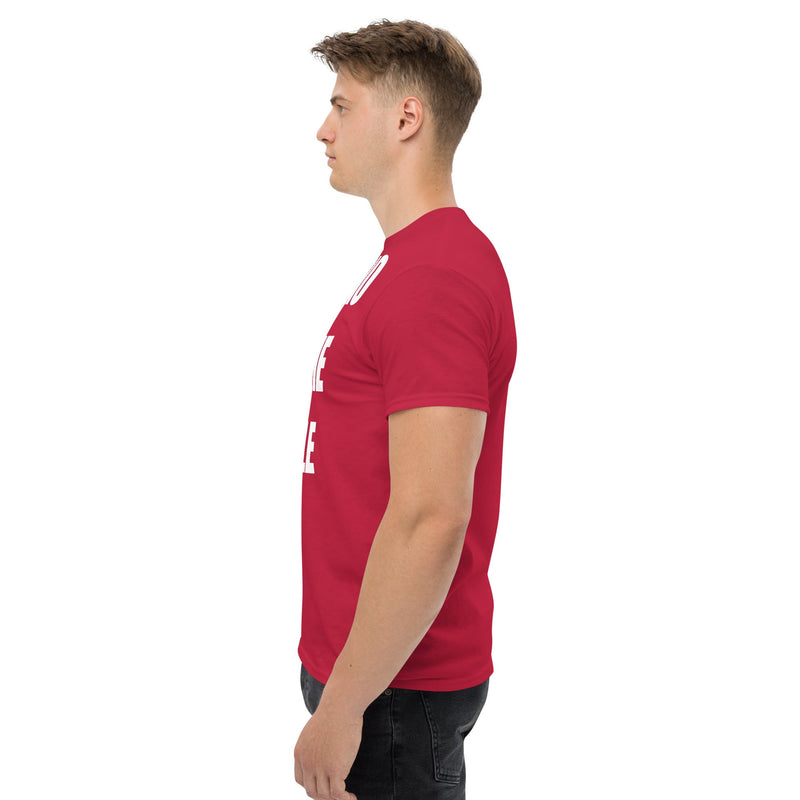 Cardio in the Aisle | travel workout tee in Cardinal (left side) — layover-ready travel fitness apparel by Dumbbells & Hotels