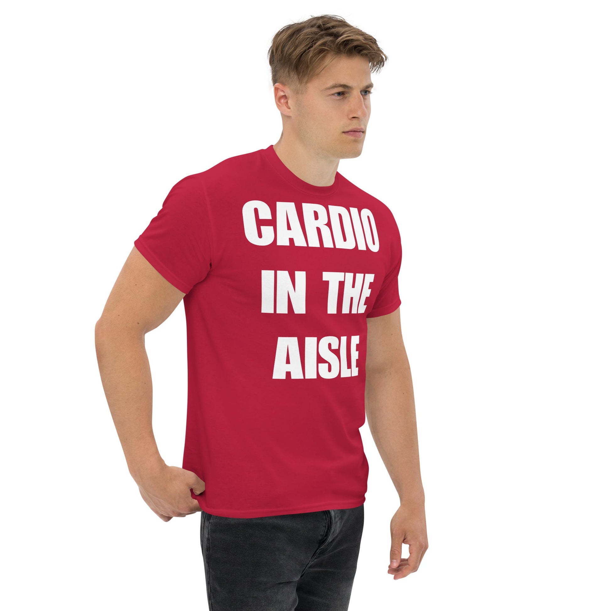 Cardio in the Aisle | travel workout tee in Cardinal (right front angle) — layover-ready travel fitness apparel by Dumbbells & Hotels