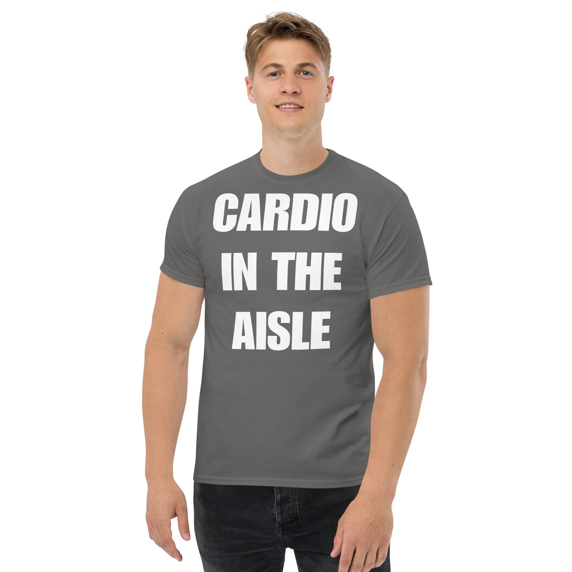 Cardio in the Aisle | travel workout tee in Charcoal (front view) — layover-ready travel fitness apparel by Dumbbells & Hotels