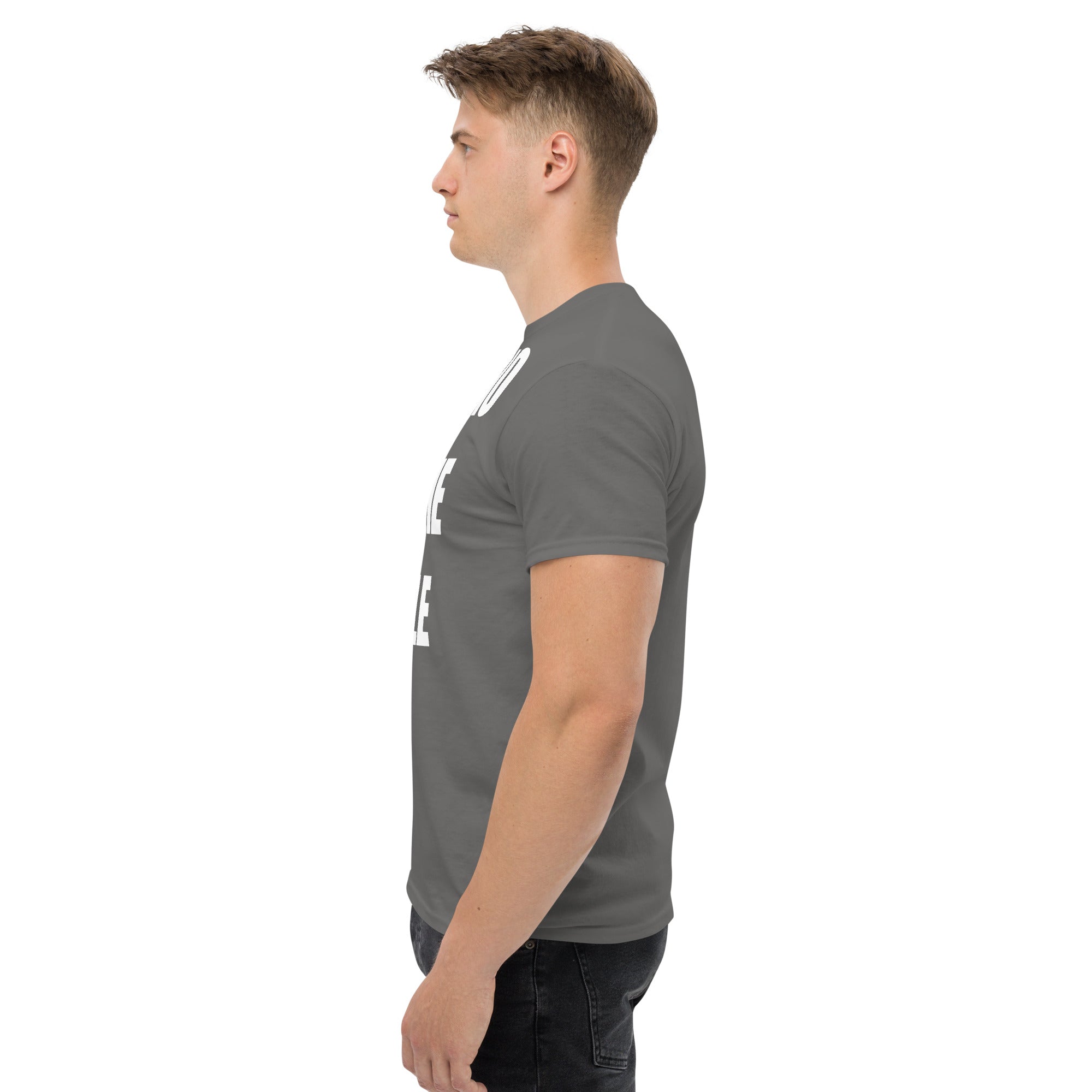 Cardio in the Aisle | travel workout tee in Charcoal (left side) — layover-ready travel fitness apparel by Dumbbells & Hotels