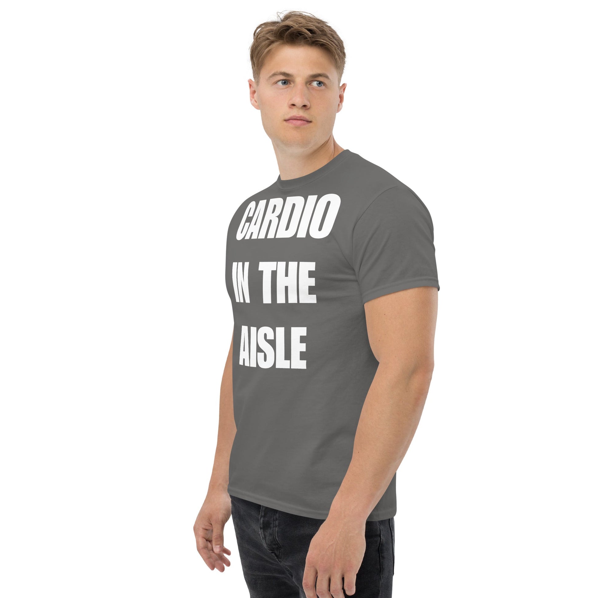 Cardio in the Aisle | travel workout tee in Charcoal (left front angle) — layover-ready travel fitness apparel by Dumbbells & Hotels