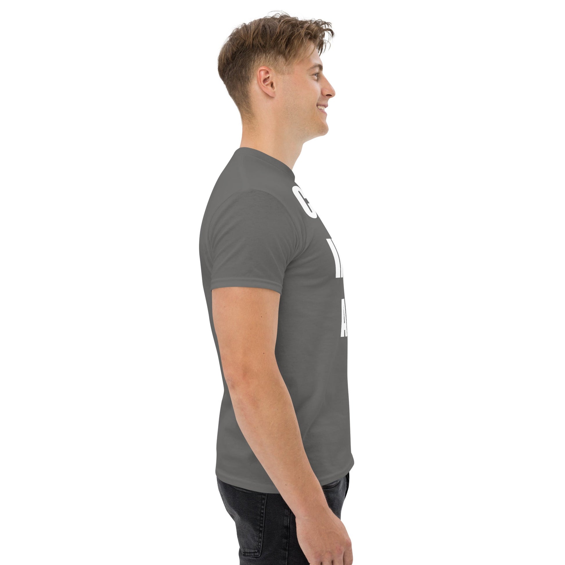 Cardio in the Aisle | travel workout tee in Charcoal (right side) — layover-ready travel fitness apparel by Dumbbells & Hotels