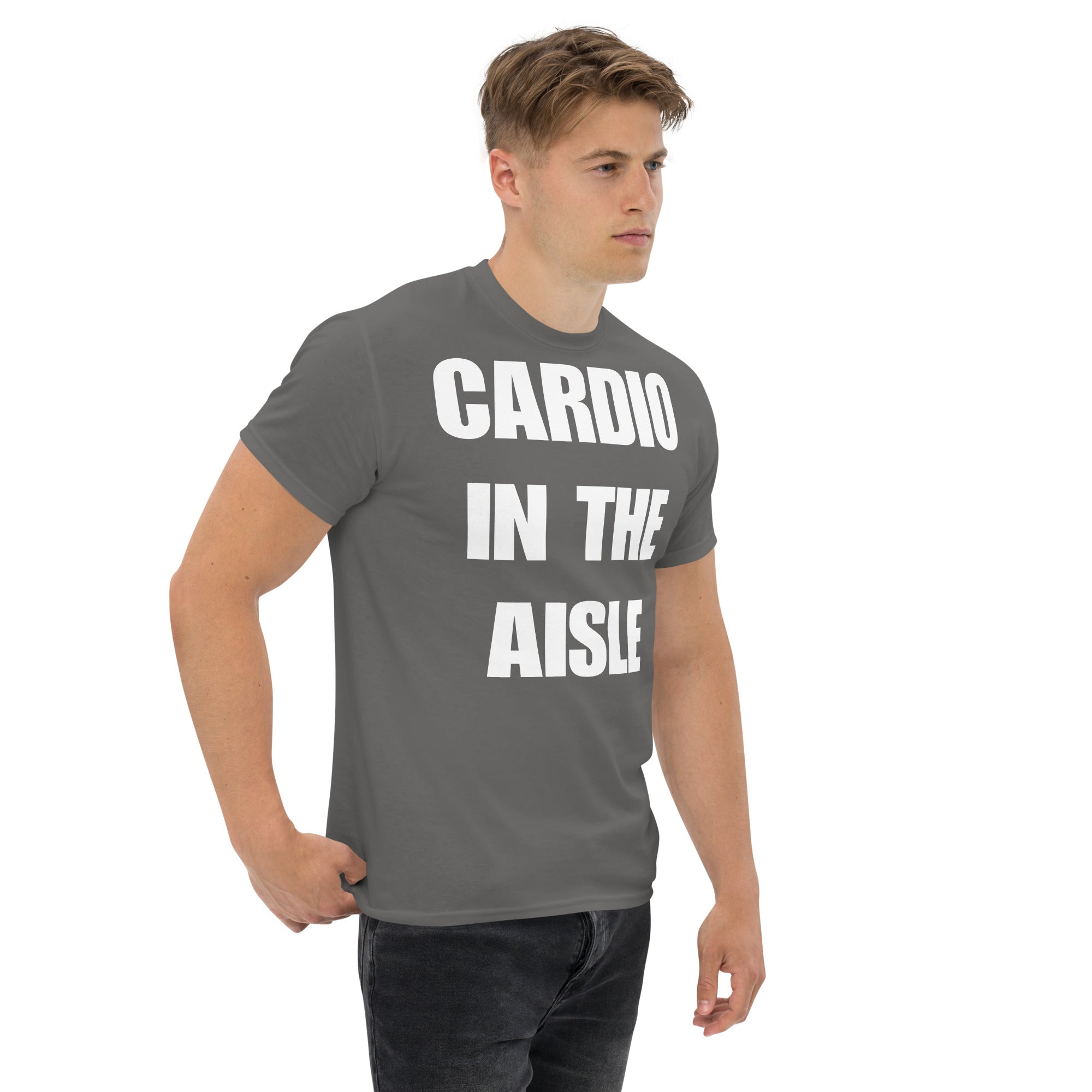 Cardio in the Aisle | travel workout tee in Charcoal (right front angle) — layover-ready travel fitness apparel by Dumbbells & Hotels