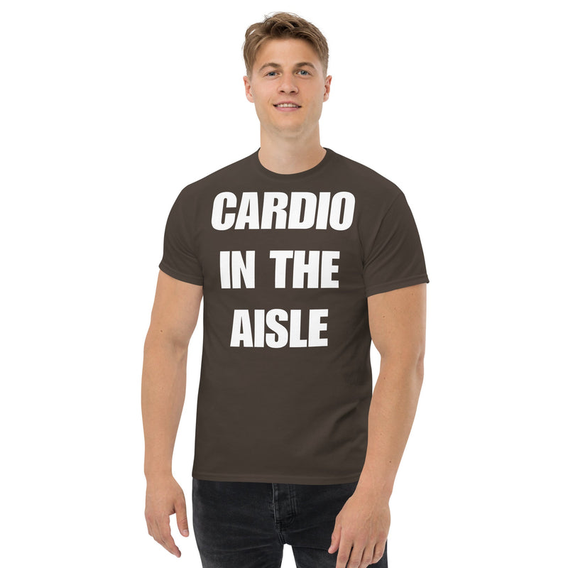 Cardio in the Aisle | travel workout tee in Dark Chocolate (front view) — layover-ready travel fitness apparel by Dumbbells & Hotels