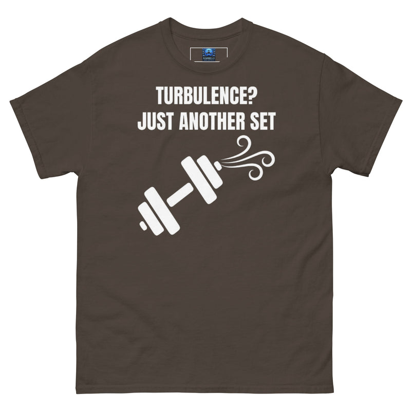 Dumbbells and Hotels Turbulence? Just Another Set Dark Chocolate travel gym t-shirt front view veteran founded pilot designed hotel gym apparel