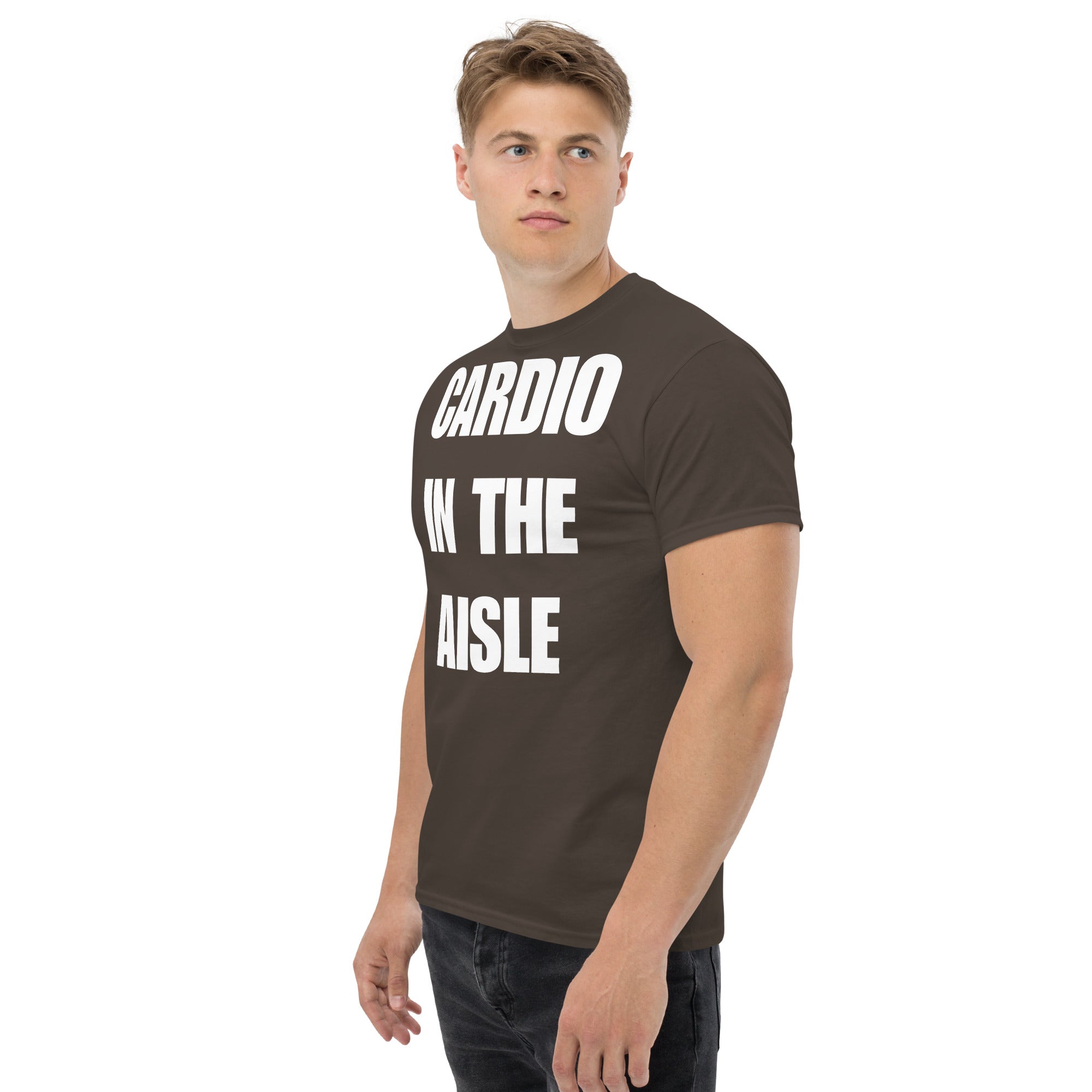 Cardio in the Aisle | travel workout tee in Dark Chocolate (left front angle) — layover-ready travel fitness apparel by Dumbbells & Hotels