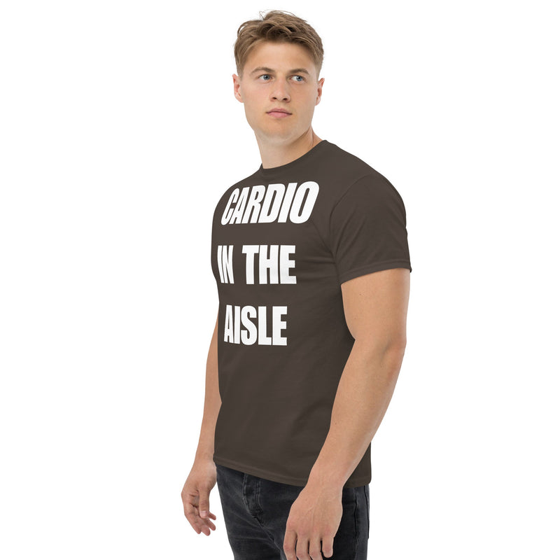 Cardio in the Aisle | travel workout tee in Dark Chocolate (left front angle) — layover-ready travel fitness apparel by Dumbbells & Hotels