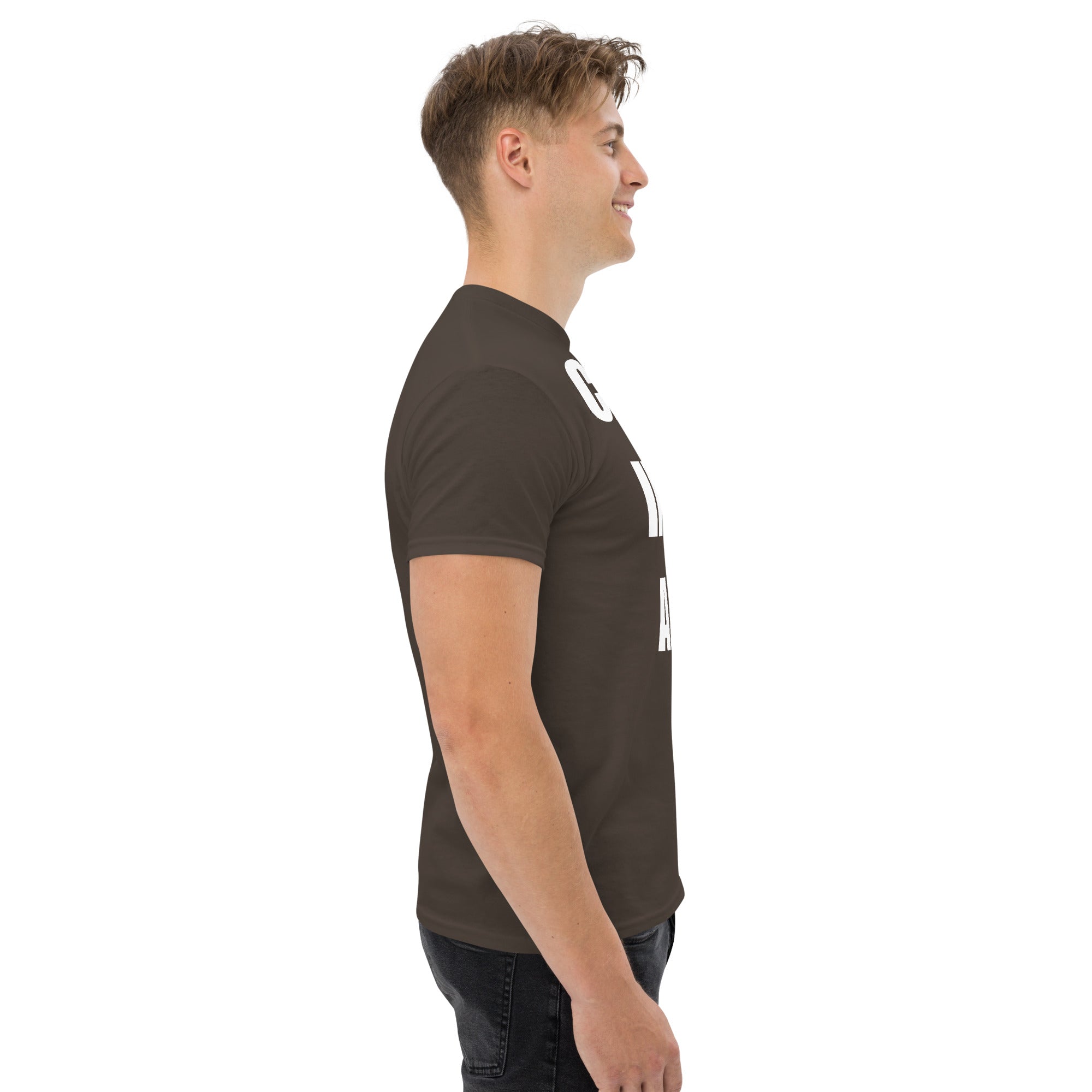 Cardio in the Aisle | travel workout tee in Dark Chocolate (right side) — layover-ready travel fitness apparel by Dumbbells & Hotels