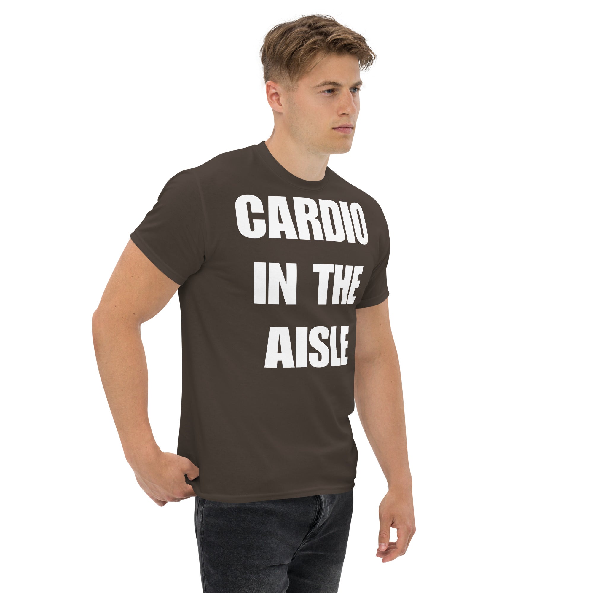 Cardio in the Aisle | travel workout tee in Dark Chocolate (right front angle) — layover-ready travel fitness apparel by Dumbbells & Hotels