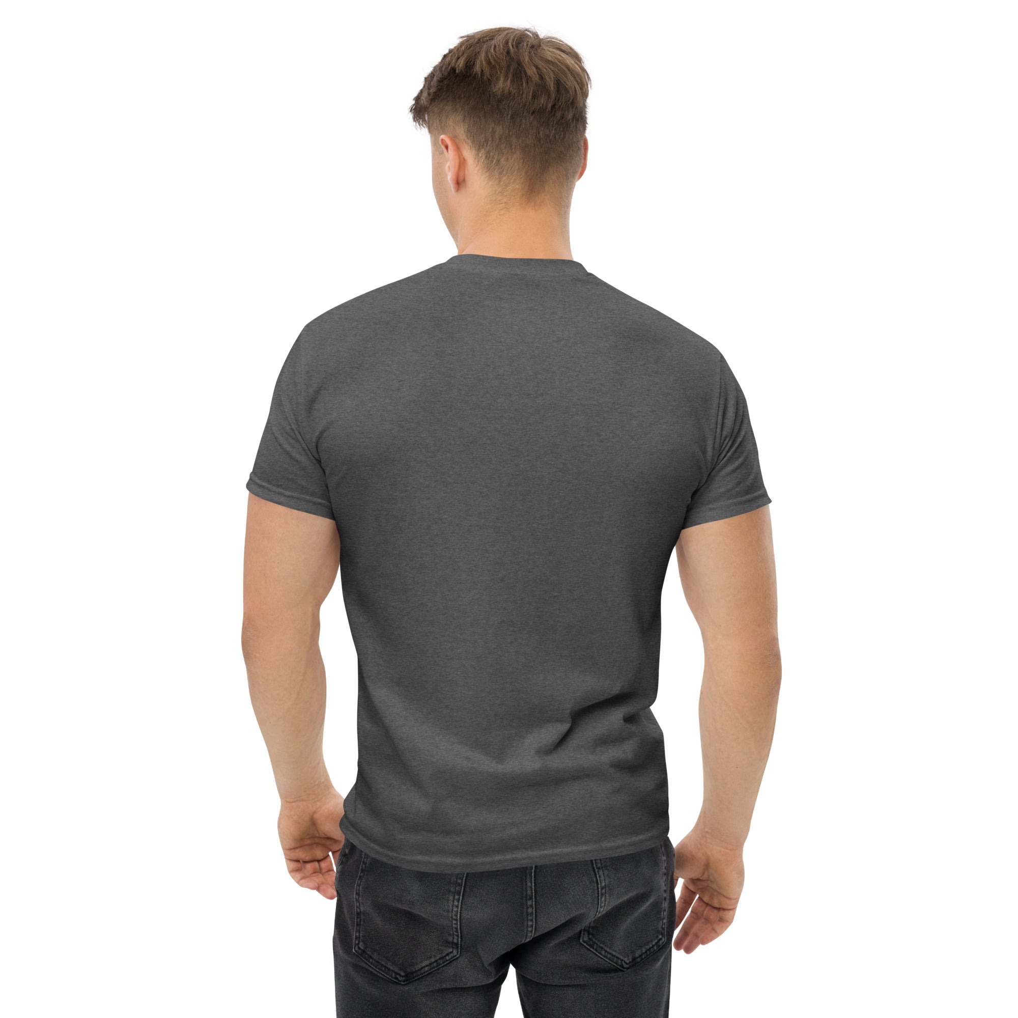 Cardio in the Aisle | travel workout tee in Dark Heather (back view) — layover-ready travel fitness apparel by Dumbbells & Hotels