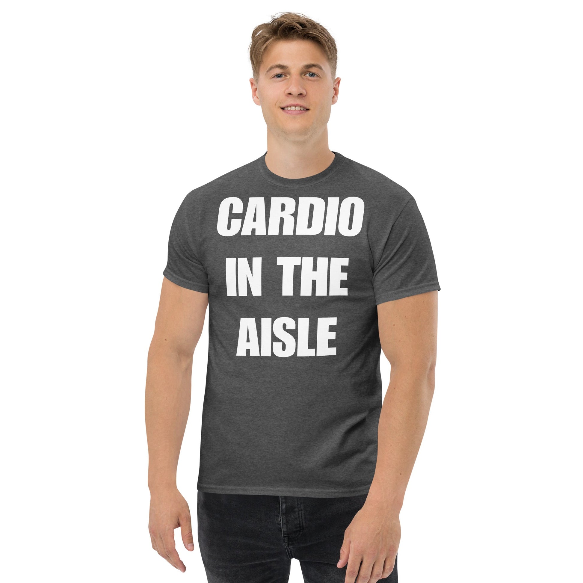 Cardio in the Aisle | travel workout tee in Dark Heather (front view) — layover-ready travel fitness apparel by Dumbbells & Hotels