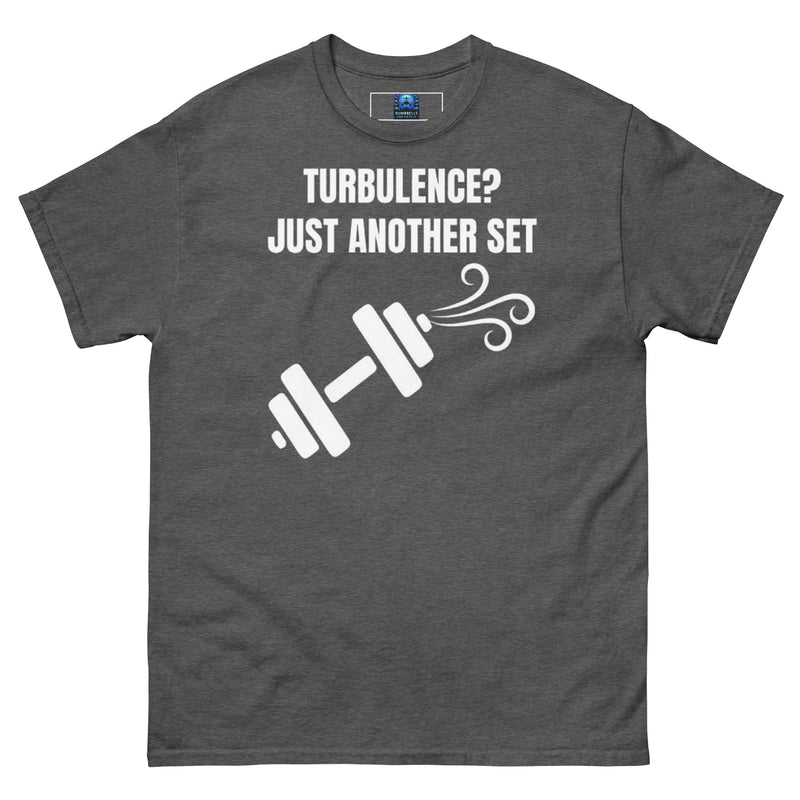 Dumbbells and Hotels Turbulence? Just Another Set Dark Heather travel gym t-shirt front view veteran founded pilot designed hotel gym apparel