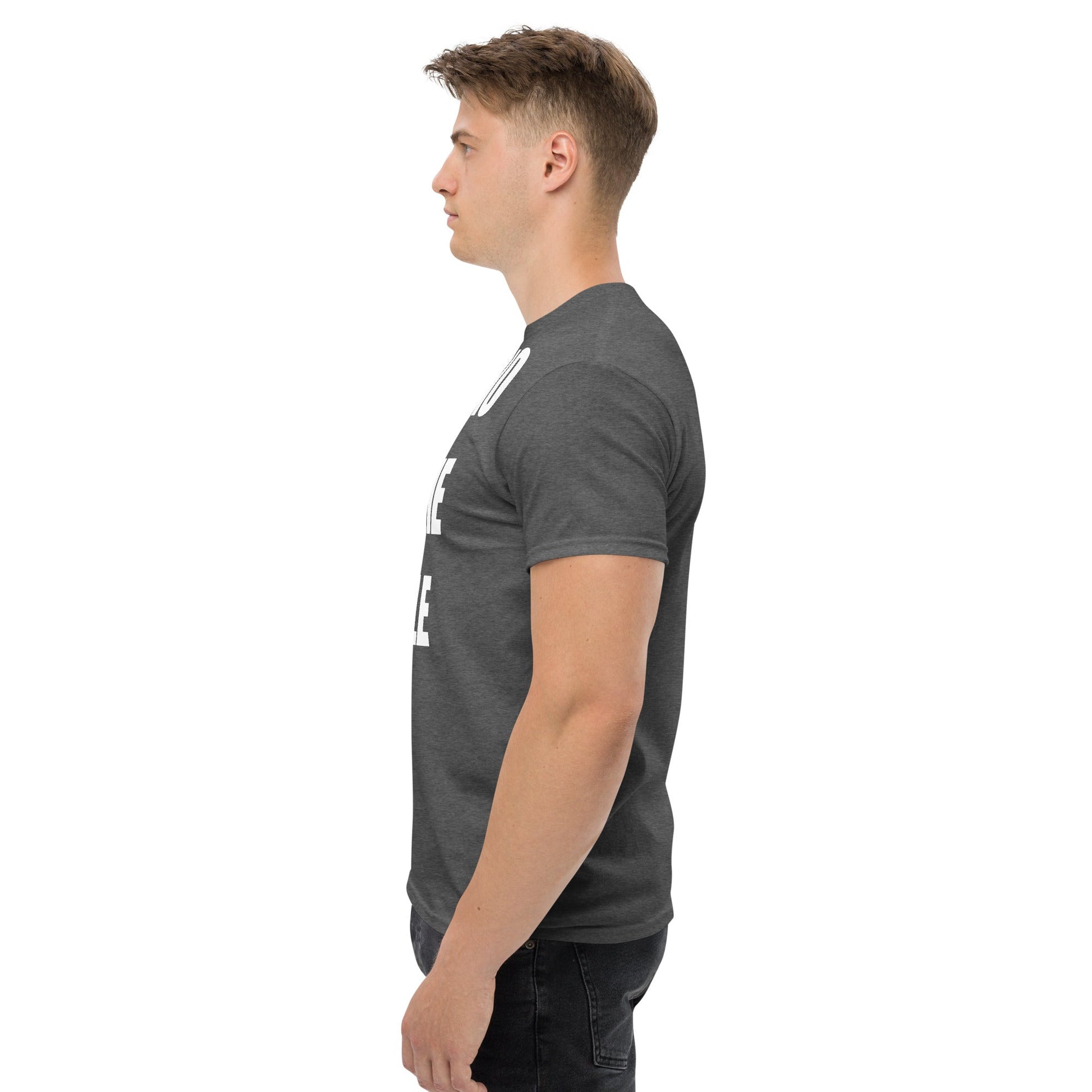 Cardio in the Aisle | travel workout tee in Dark Heather (left side) — layover-ready travel fitness apparel by Dumbbells & Hotels