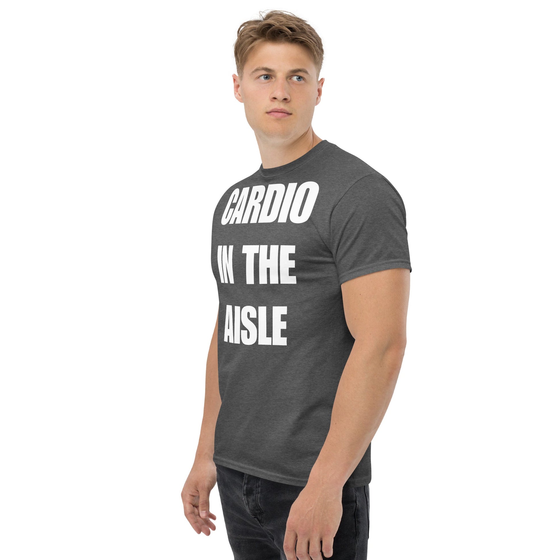 Cardio in the Aisle | travel workout tee in Dark Heather (left front angle) — layover-ready travel fitness apparel by Dumbbells & Hotels