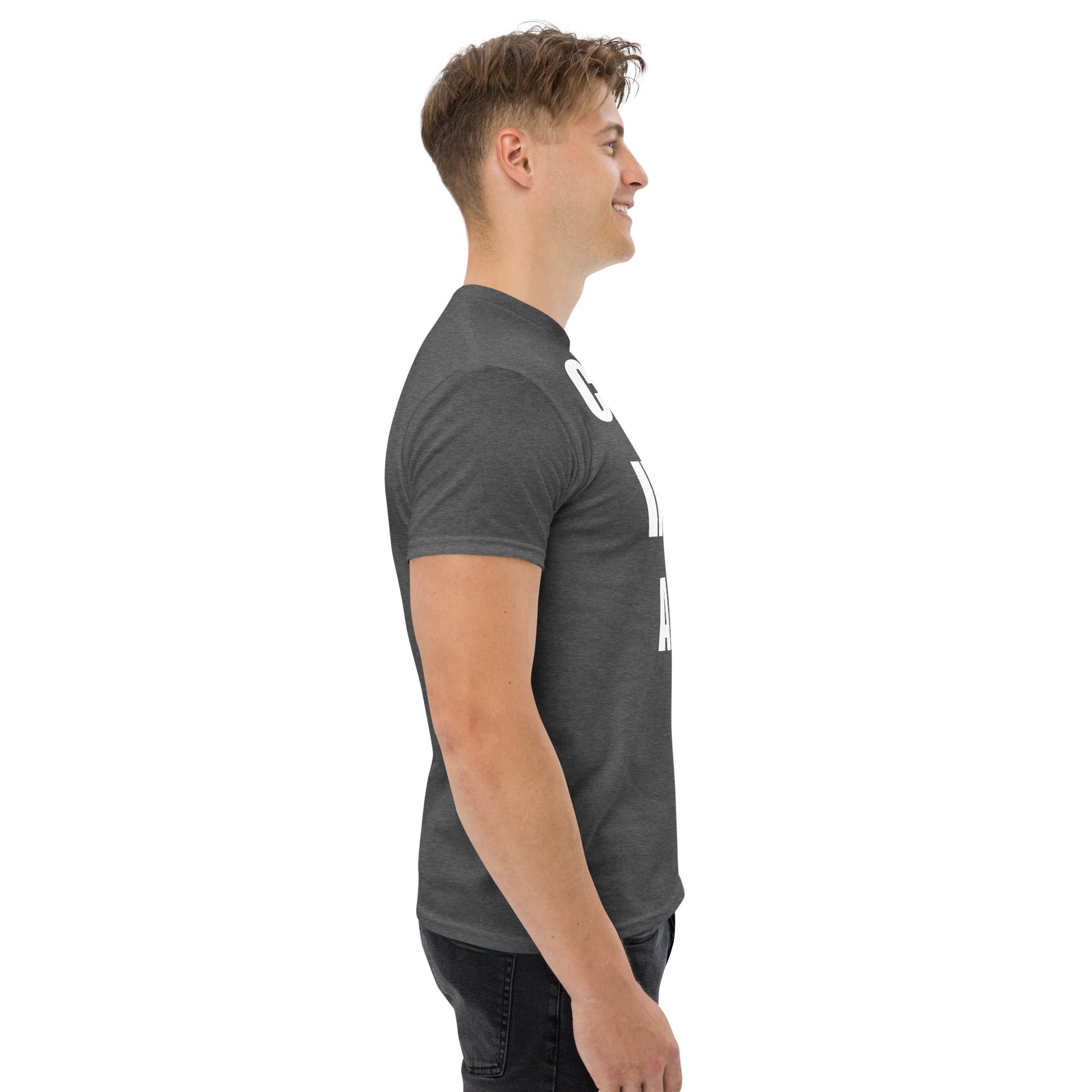 Cardio in the Aisle | travel workout tee in Dark Heather (right side) — layover-ready travel fitness apparel by Dumbbells & Hotels