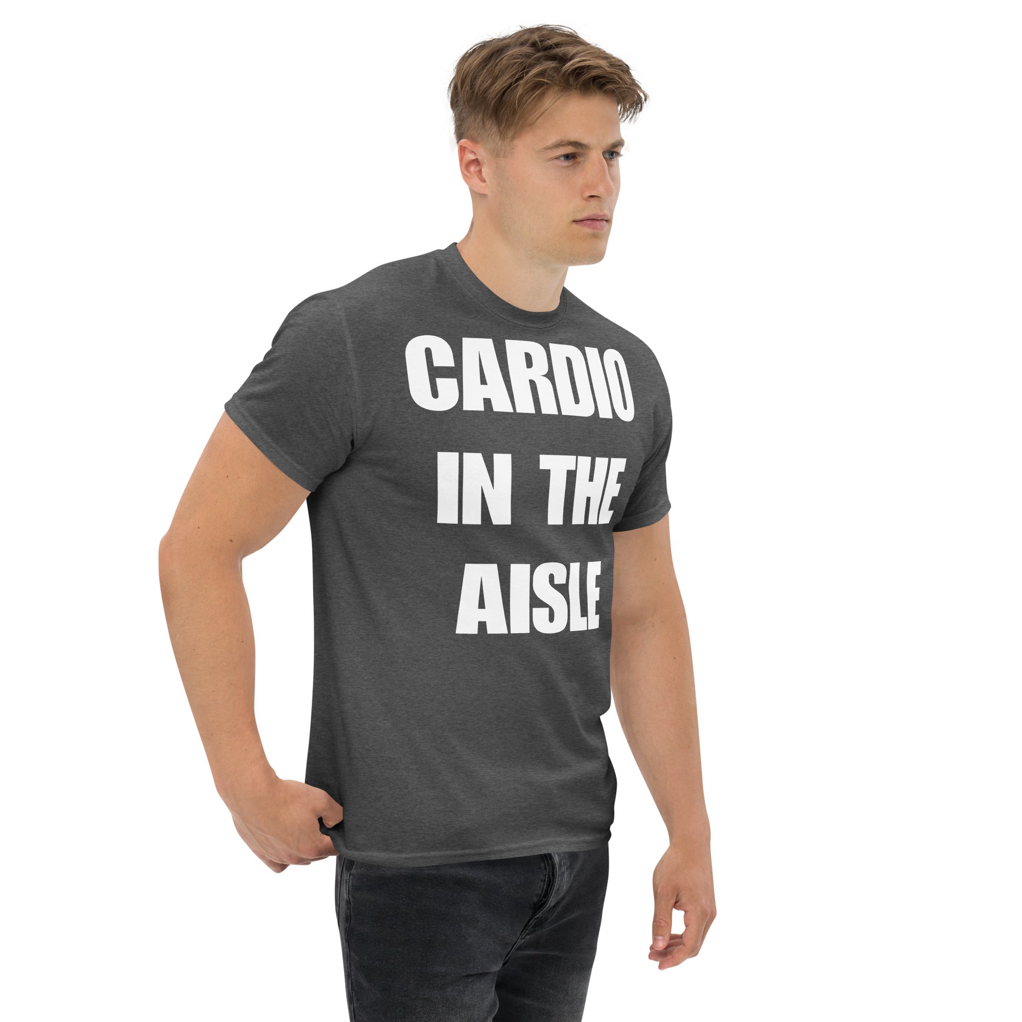 Cardio in the Aisle | travel workout tee in Dark Heather (right front angle) — layover-ready travel fitness apparel by Dumbbells & Hotels