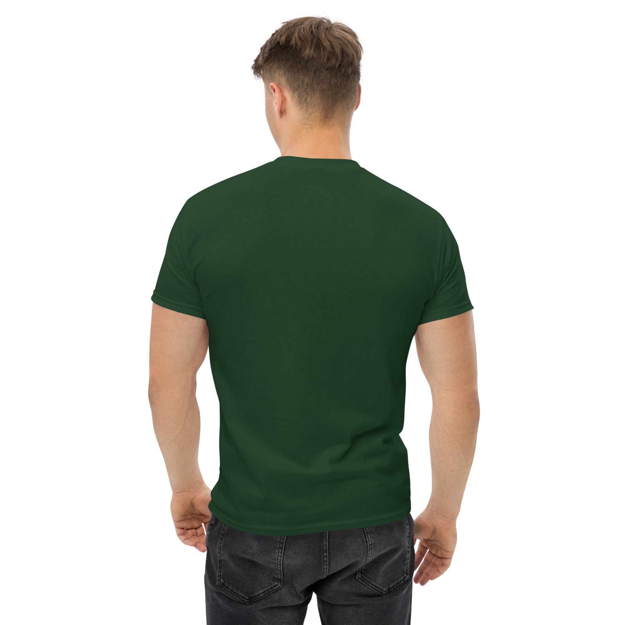 Cardio in the Aisle | travel workout tee in Forest Green (back view) — layover-ready travel fitness apparel by Dumbbells & Hotels