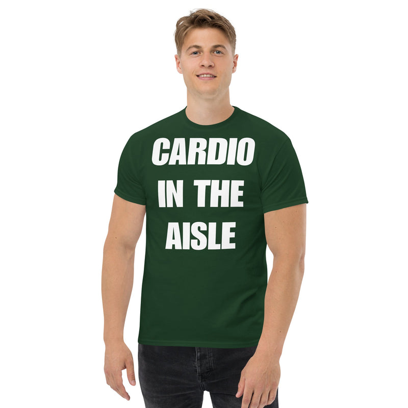 Cardio in the Aisle | travel workout tee in Forest Green (front view) — layover-ready travel fitness apparel by Dumbbells & Hotels