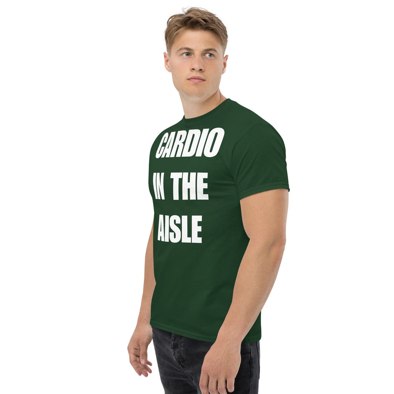 Cardio in the Aisle | travel workout tee in Forest Green (left front angle) — layover-ready travel fitness apparel by Dumbbells & Hotels