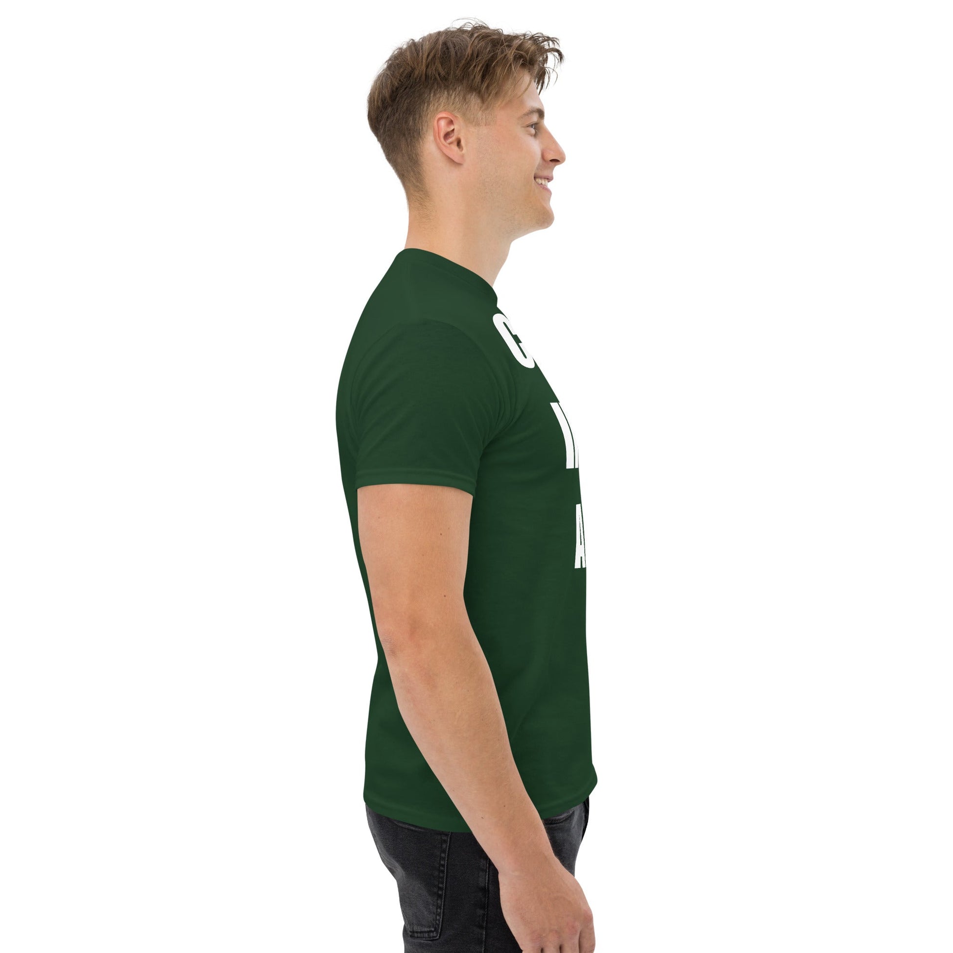 Cardio in the Aisle | travel workout tee in Forest Green (right side) — layover-ready travel fitness apparel by Dumbbells & Hotels