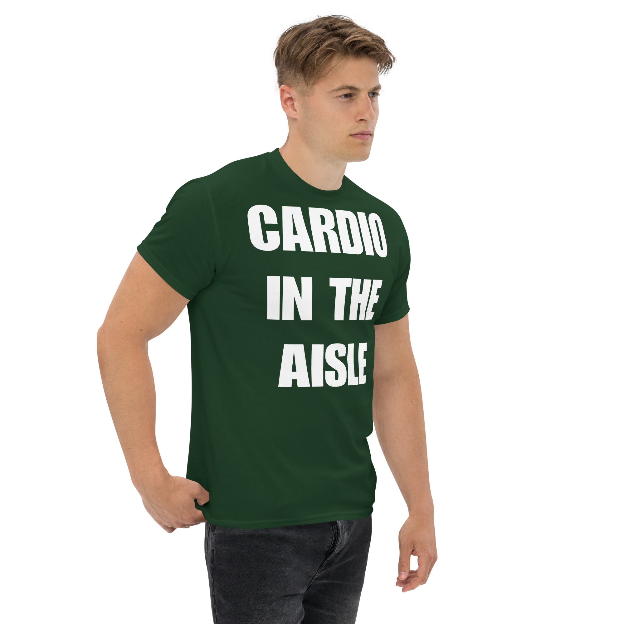 Cardio in the Aisle | travel workout tee in Forest Green (right front angle) — layover-ready travel fitness apparel by Dumbbells & Hotels