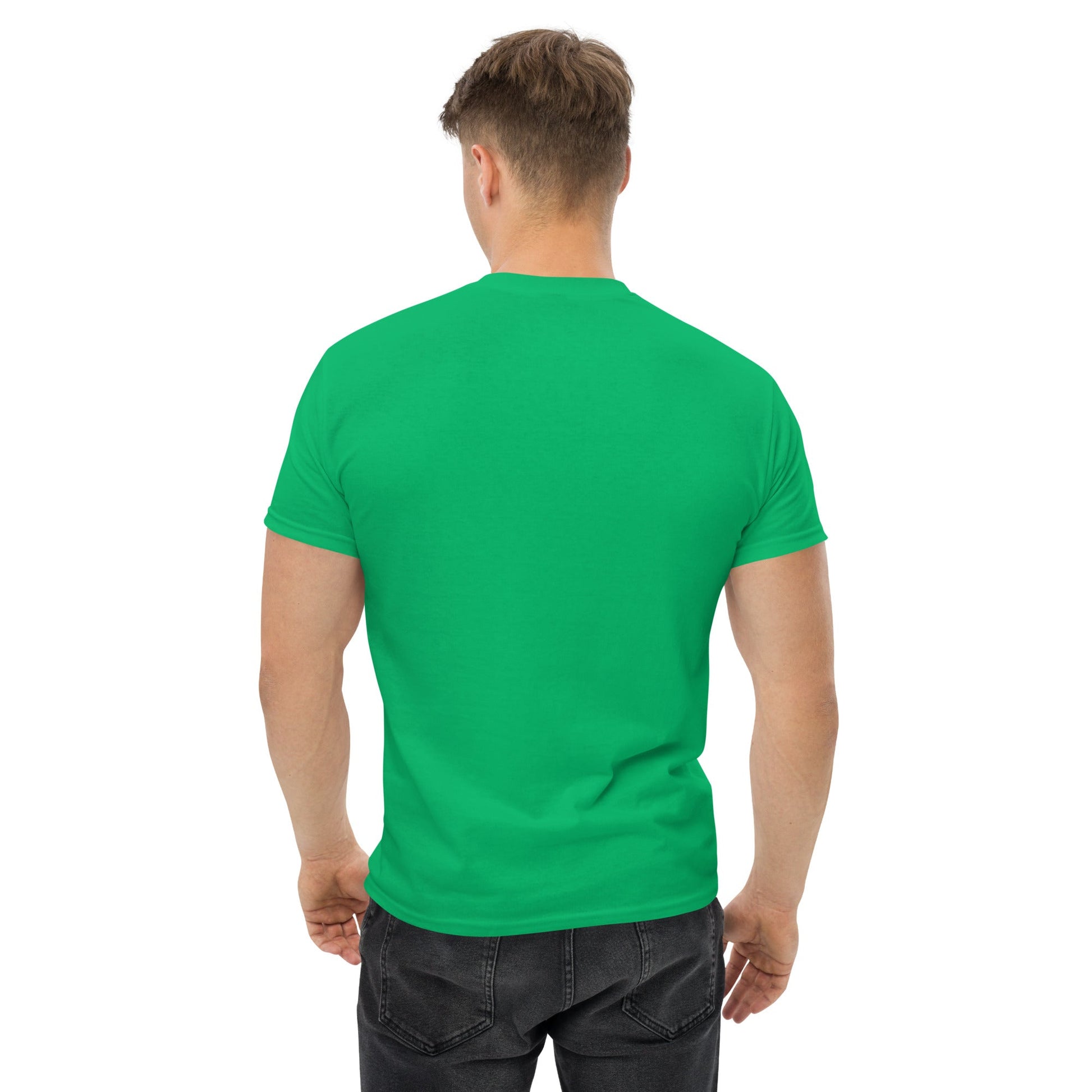Cardio in the Aisle | travel workout tee in Irish Green (back view) — layover-ready travel fitness apparel by Dumbbells & Hotels
