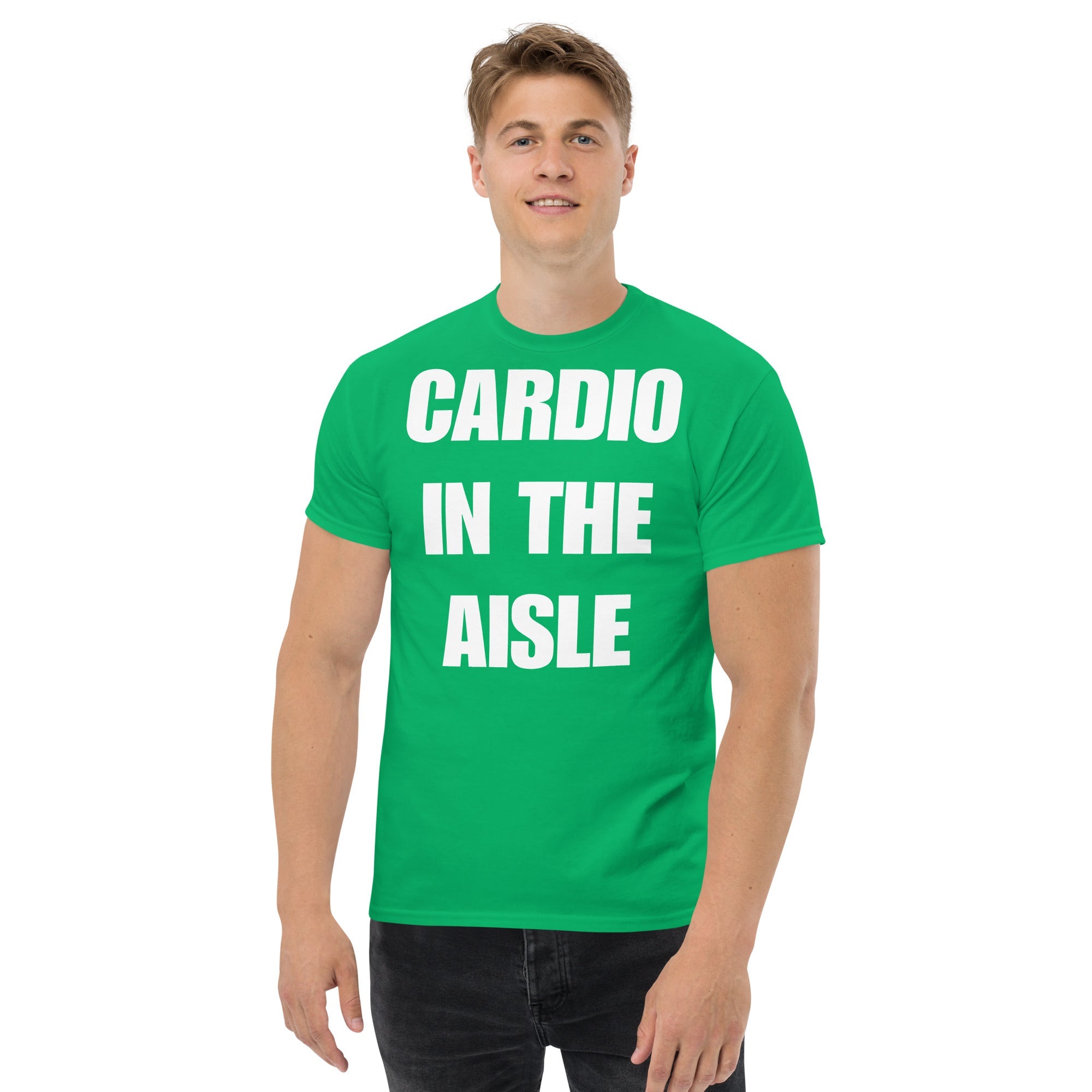 Cardio in the Aisle | travel workout tee in Irish Green (front view) — layover-ready travel fitness apparel by Dumbbells & Hotels