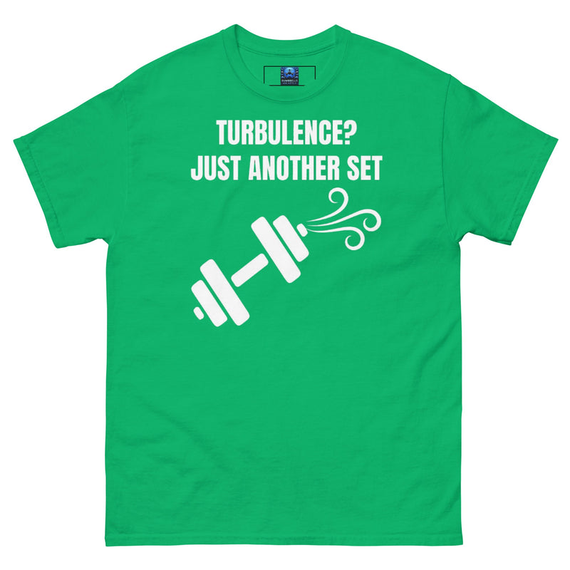 Dumbbells and Hotels Turbulence? Just Another Set Irish Green travel gym t-shirt front view veteran founded pilot designed hotel gym apparel