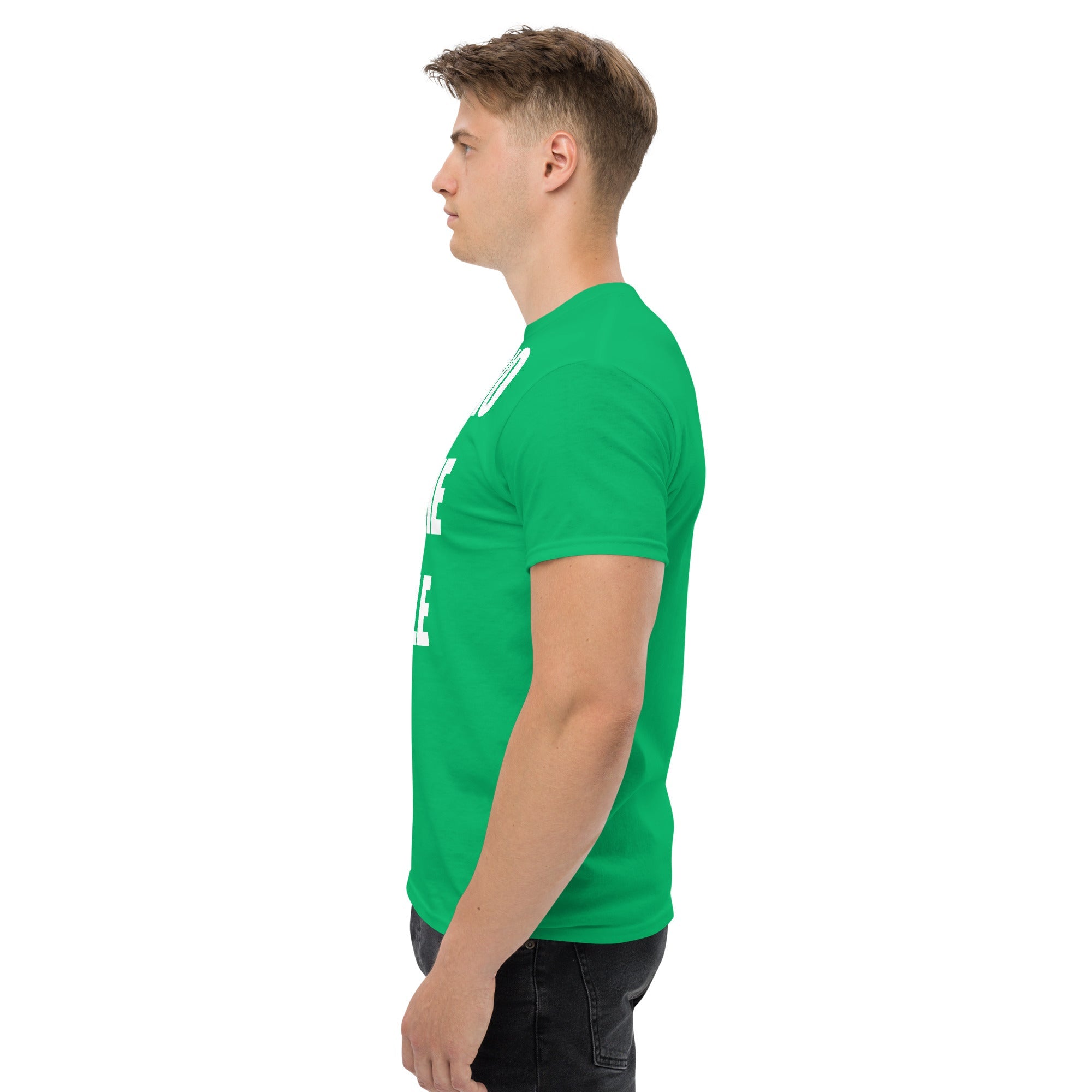 Cardio in the Aisle | travel workout tee in Irish Green (left side) — layover-ready travel fitness apparel by Dumbbells & Hotels