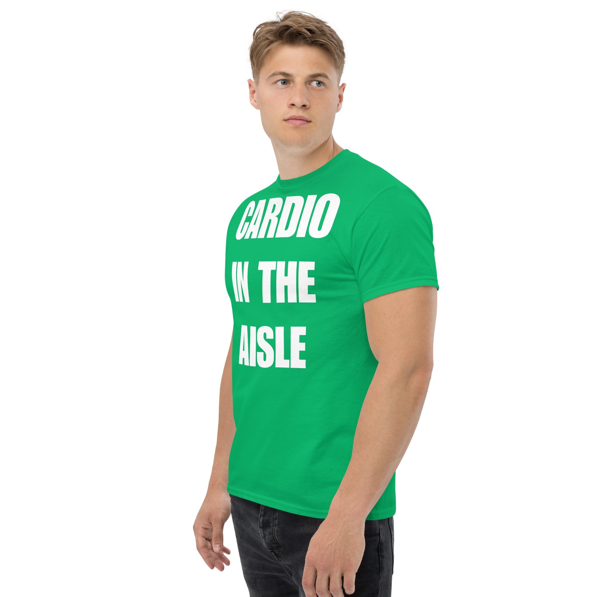 Cardio in the Aisle | travel workout tee in Irish Green (left front angle) — layover-ready travel fitness apparel by Dumbbells & Hotels