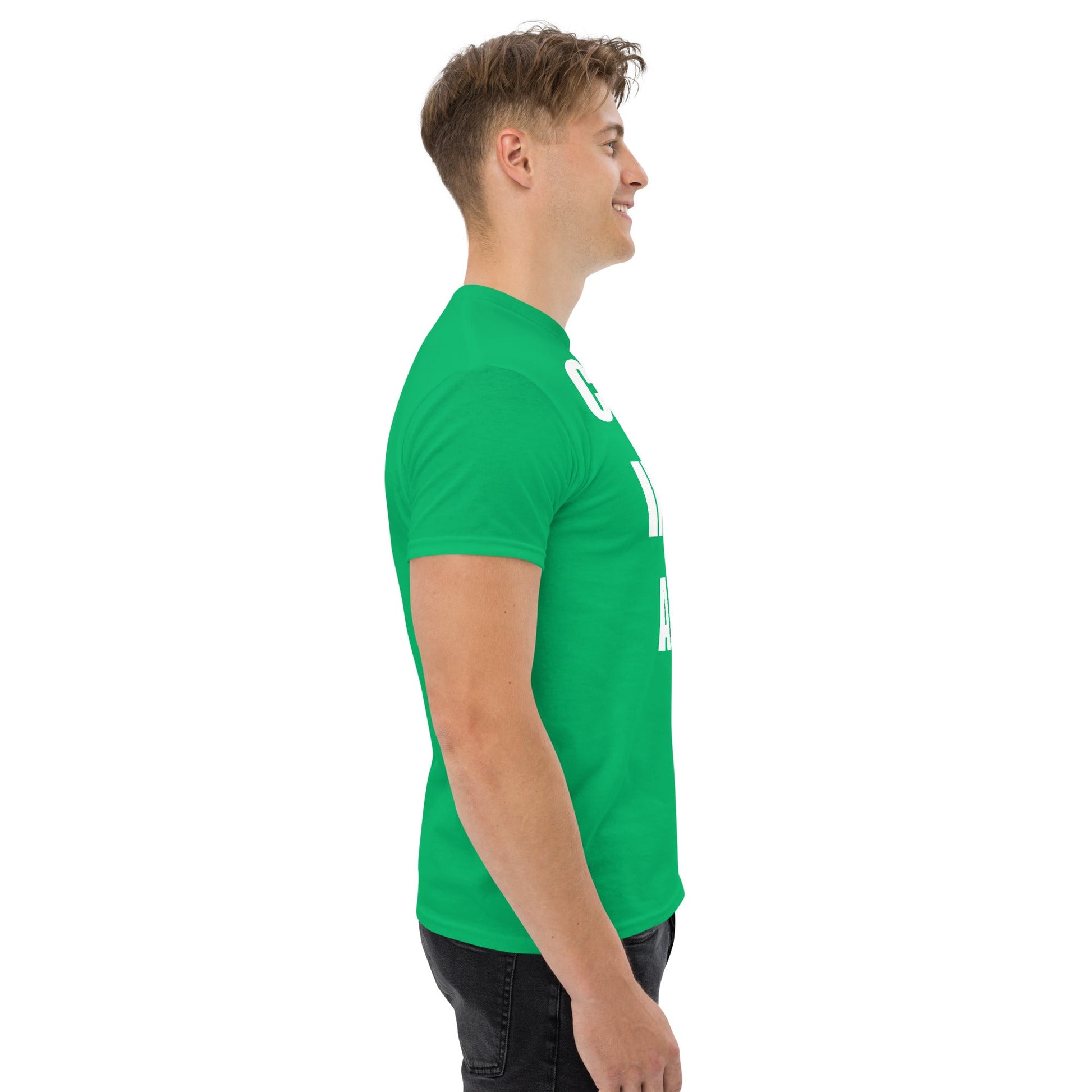 Cardio in the Aisle | travel workout tee in Irish Green (right side) — layover-ready travel fitness apparel by Dumbbells & Hotels