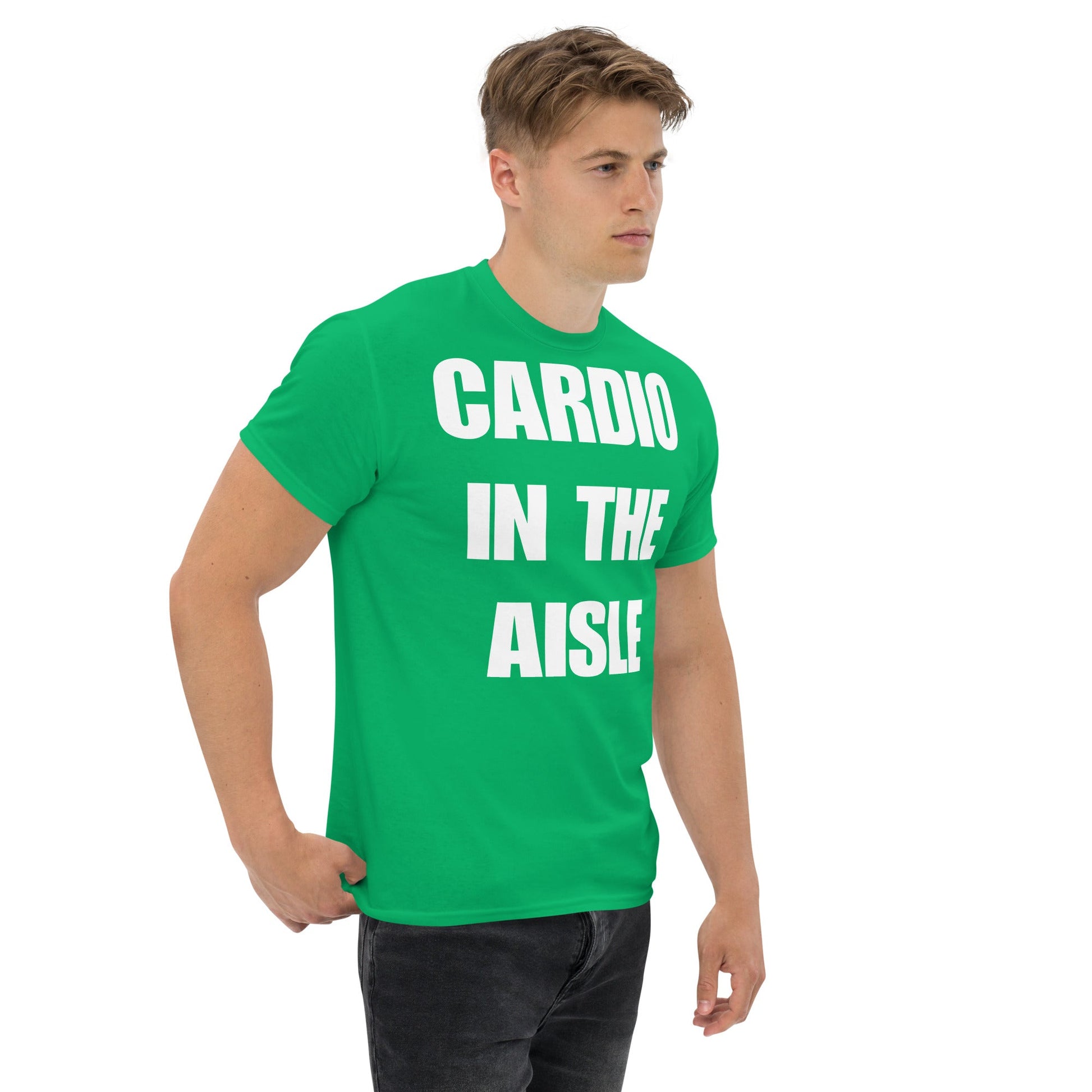 Cardio in the Aisle | travel workout tee in Irish Green (right front angle) — layover-ready travel fitness apparel by Dumbbells & Hotels
