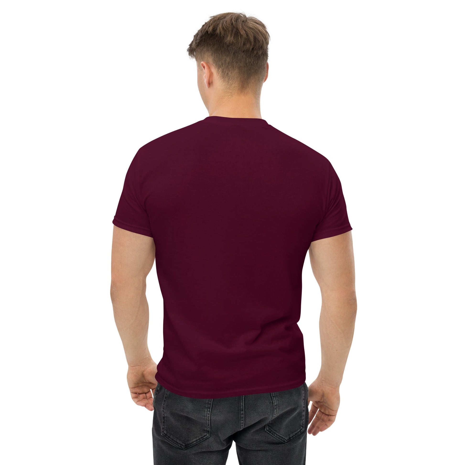 Cardio in the Aisle | travel workout tee in Maroon (back view) — layover-ready travel fitness apparel by Dumbbells & Hotels