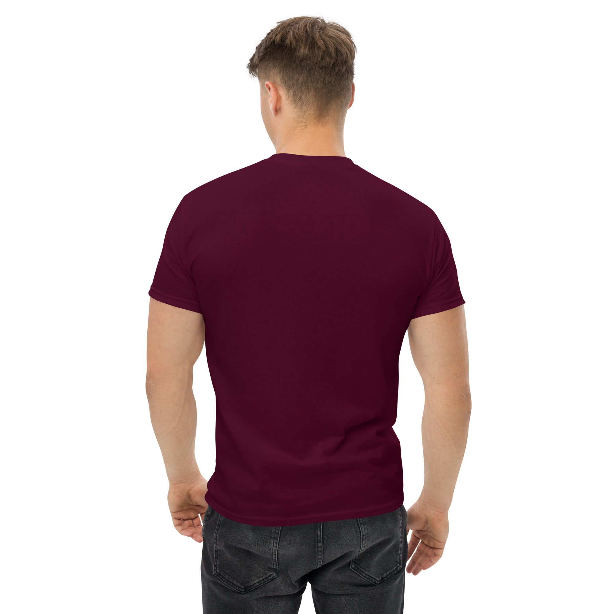 Cardio in the Aisle | travel workout tee in Maroon (back view) — layover-ready travel fitness apparel by Dumbbells & Hotels