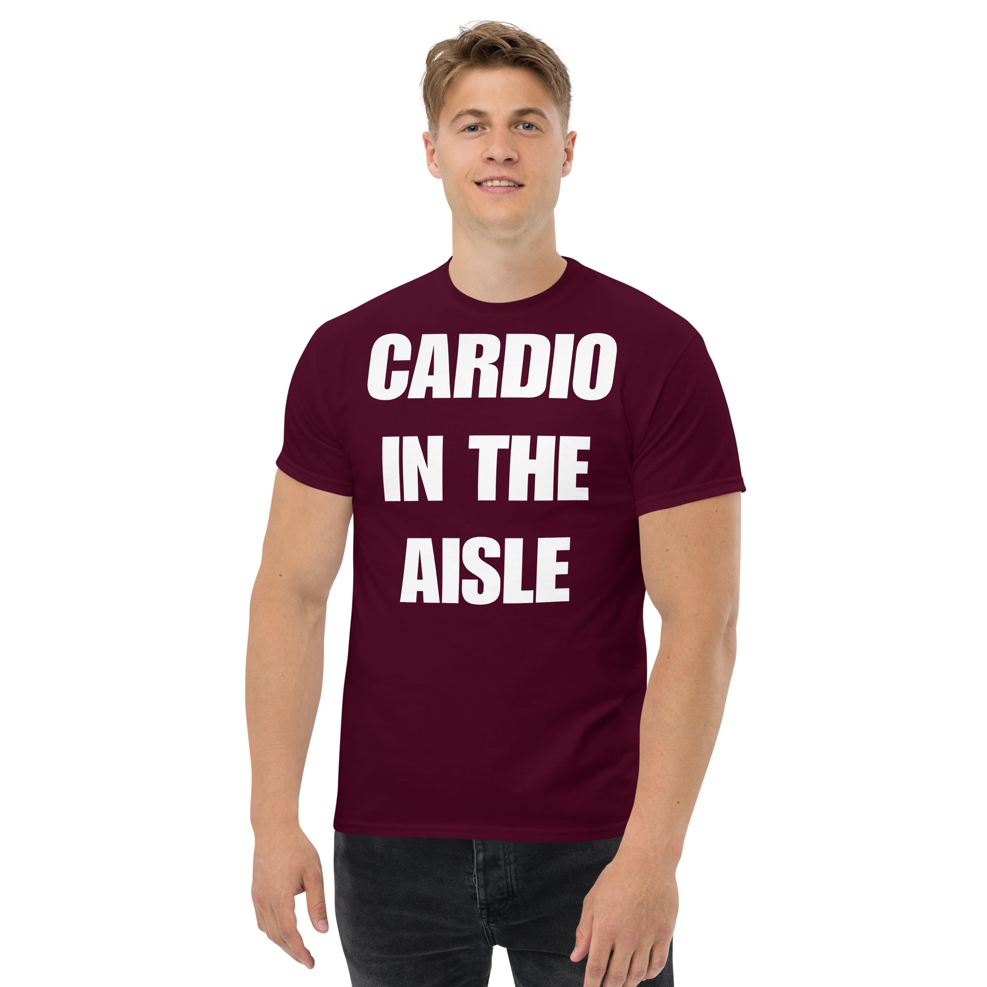 Cardio in the Aisle | travel workout tee in Maroon (front view) — layover-ready travel fitness apparel by Dumbbells & Hotels