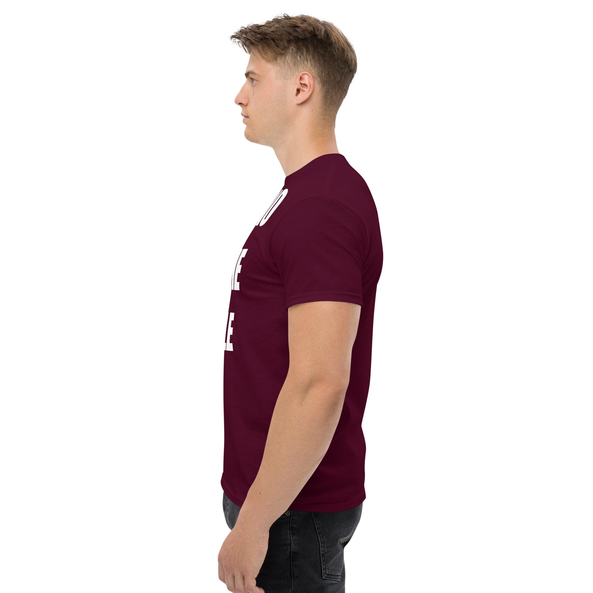 Cardio in the Aisle | travel workout tee in Maroon (left side) — layover-ready travel fitness apparel by Dumbbells & Hotels