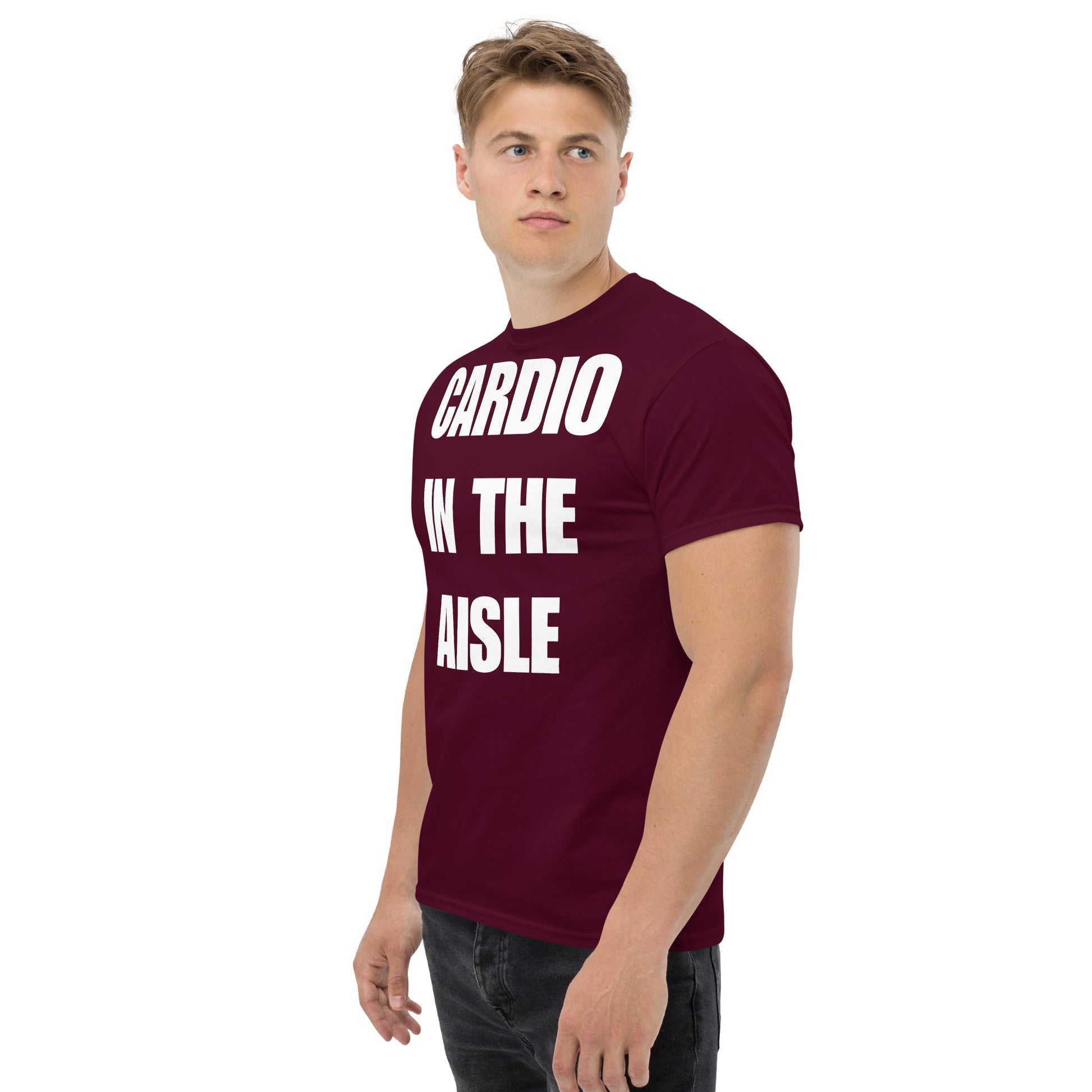 Cardio in the Aisle | travel workout tee in Maroon (left front angle) — layover-ready travel fitness apparel by Dumbbells & Hotels