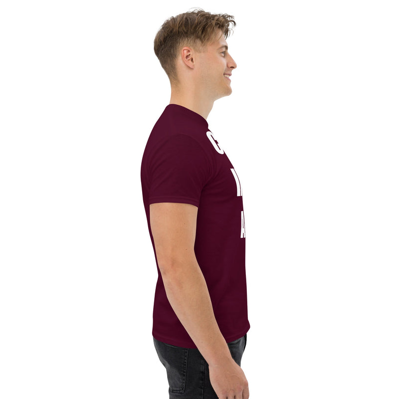 Cardio in the Aisle | travel workout tee in Maroon (right side) — layover-ready travel fitness apparel by Dumbbells & Hotels