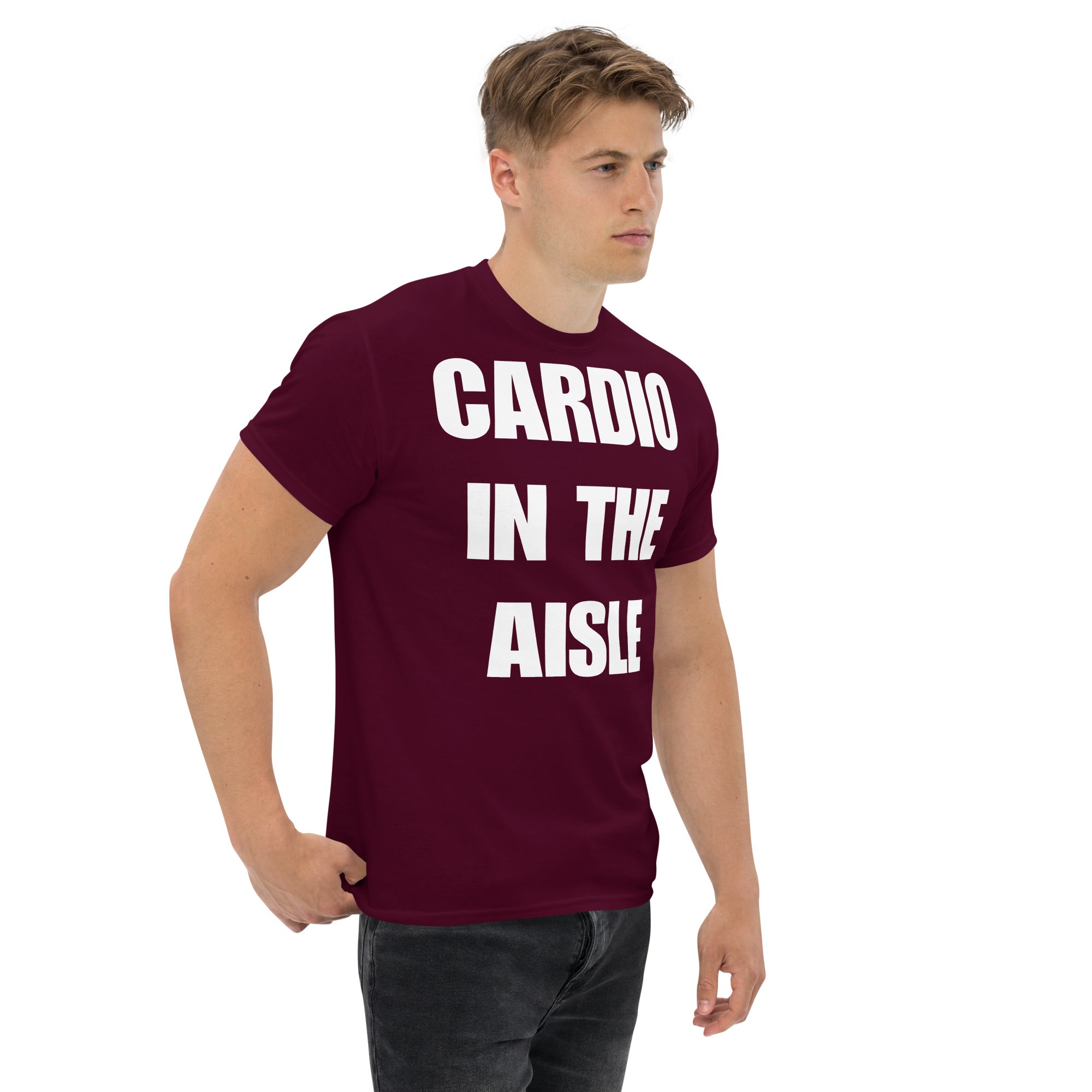 Cardio in the Aisle | travel workout tee in Maroon (right front angle) — layover-ready travel fitness apparel by Dumbbells & Hotels