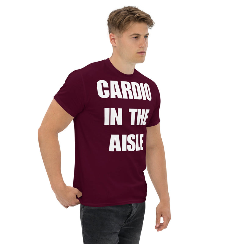 Cardio in the Aisle | travel workout tee in Maroon (right front angle) — layover-ready travel fitness apparel by Dumbbells & Hotels