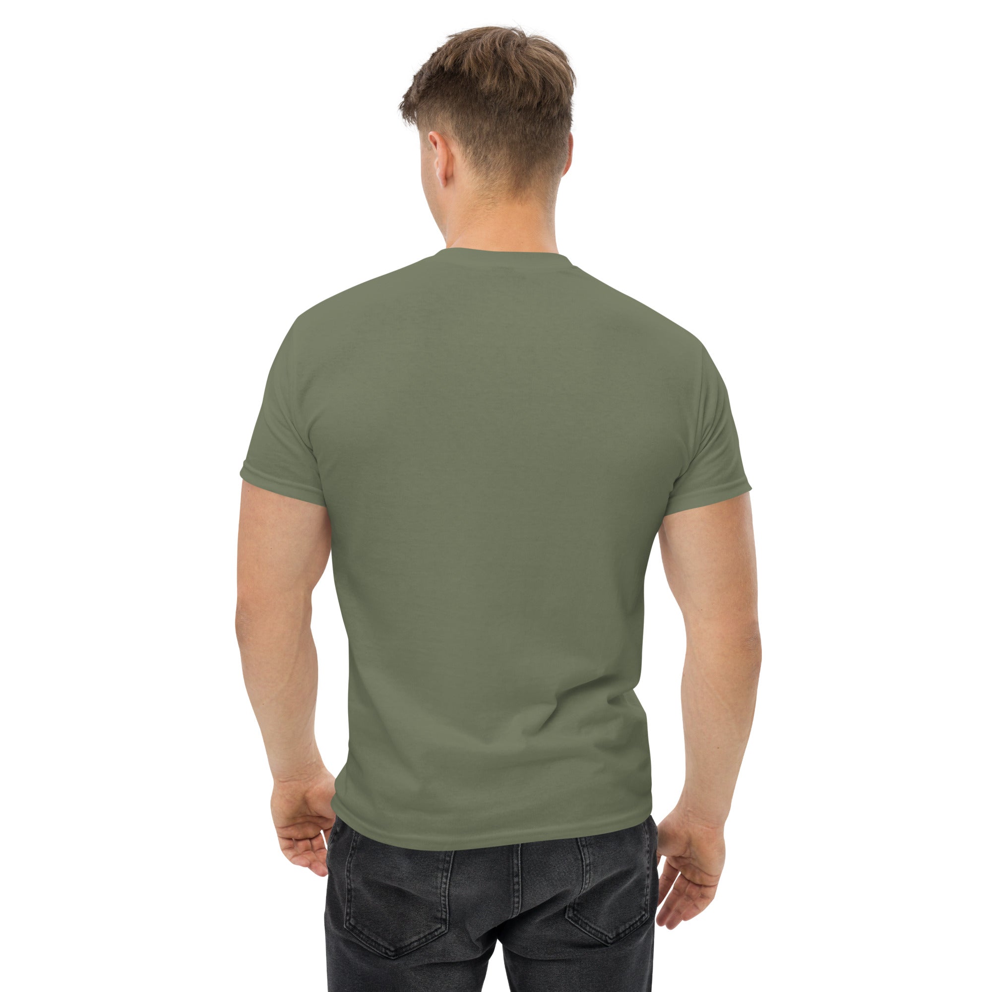 Cardio in the Aisle | travel workout tee in Military Green (back view) — layover-ready travel fitness apparel by Dumbbells & Hotels
