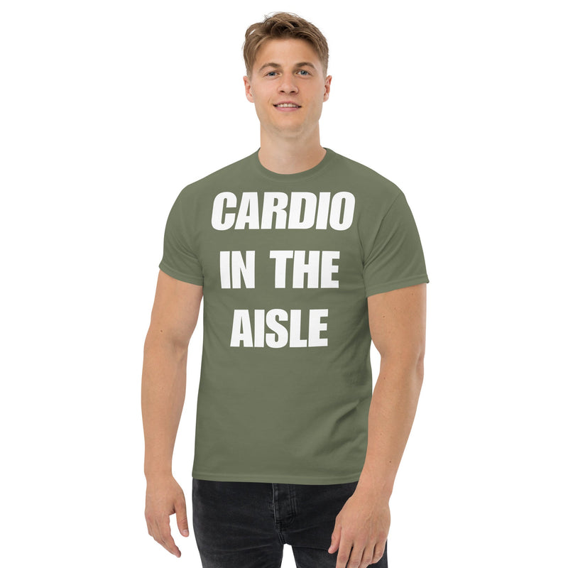 Cardio in the Aisle | travel workout tee in Military Green (front view) — layover-ready travel fitness apparel by Dumbbells & Hotels