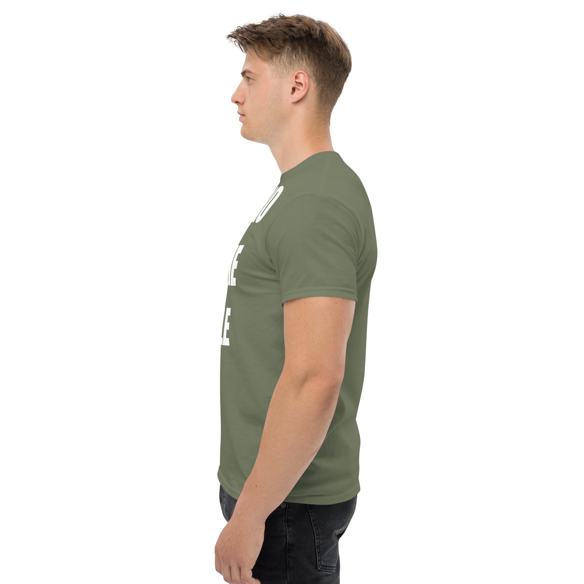 Cardio in the Aisle | travel workout tee in Military Green (left side) — layover-ready travel fitness apparel by Dumbbells & Hotels