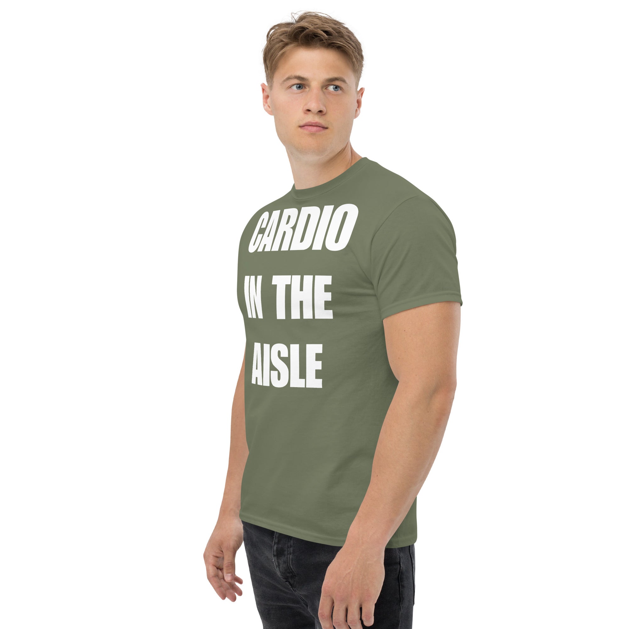 Cardio in the Aisle | travel workout tee in Military Green (left front angle) — layover-ready travel fitness apparel by Dumbbells & Hotels