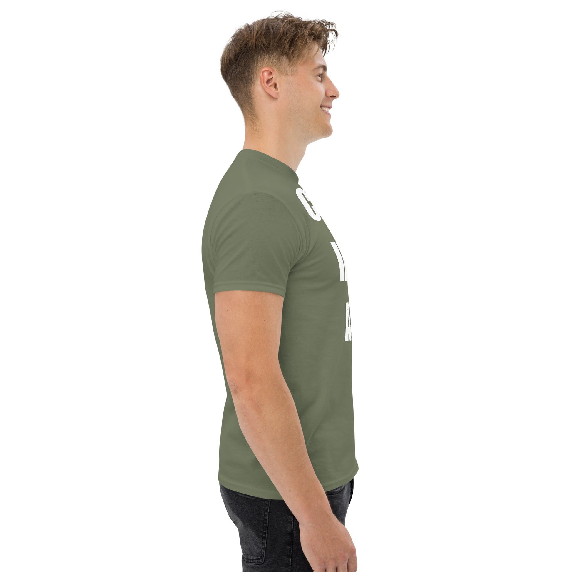 Cardio in the Aisle | travel workout tee in Military Green (right side) — layover-ready travel fitness apparel by Dumbbells & Hotels