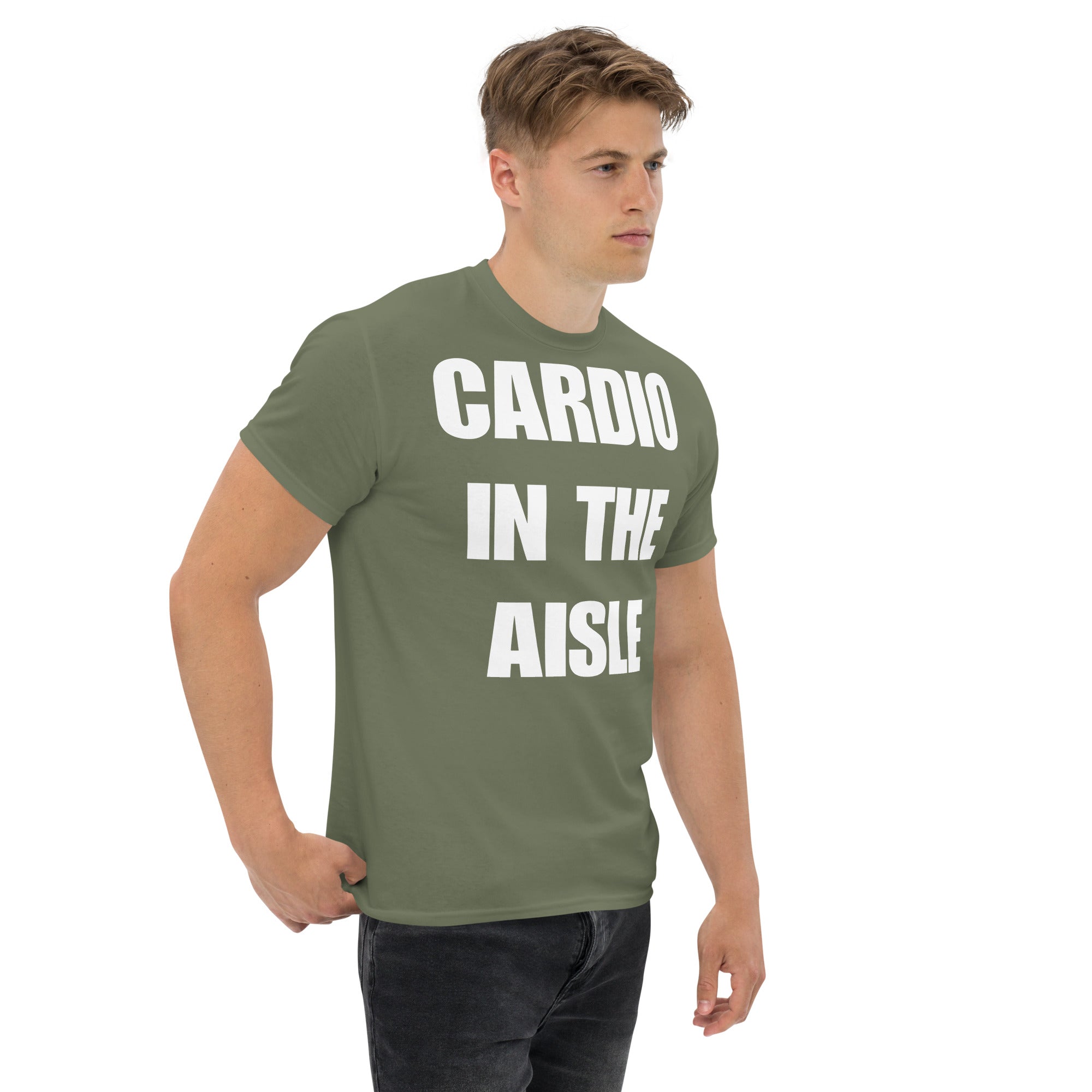 Cardio in the Aisle | travel workout tee in Military Green (right front angle) — layover-ready travel fitness apparel by Dumbbells & Hotels