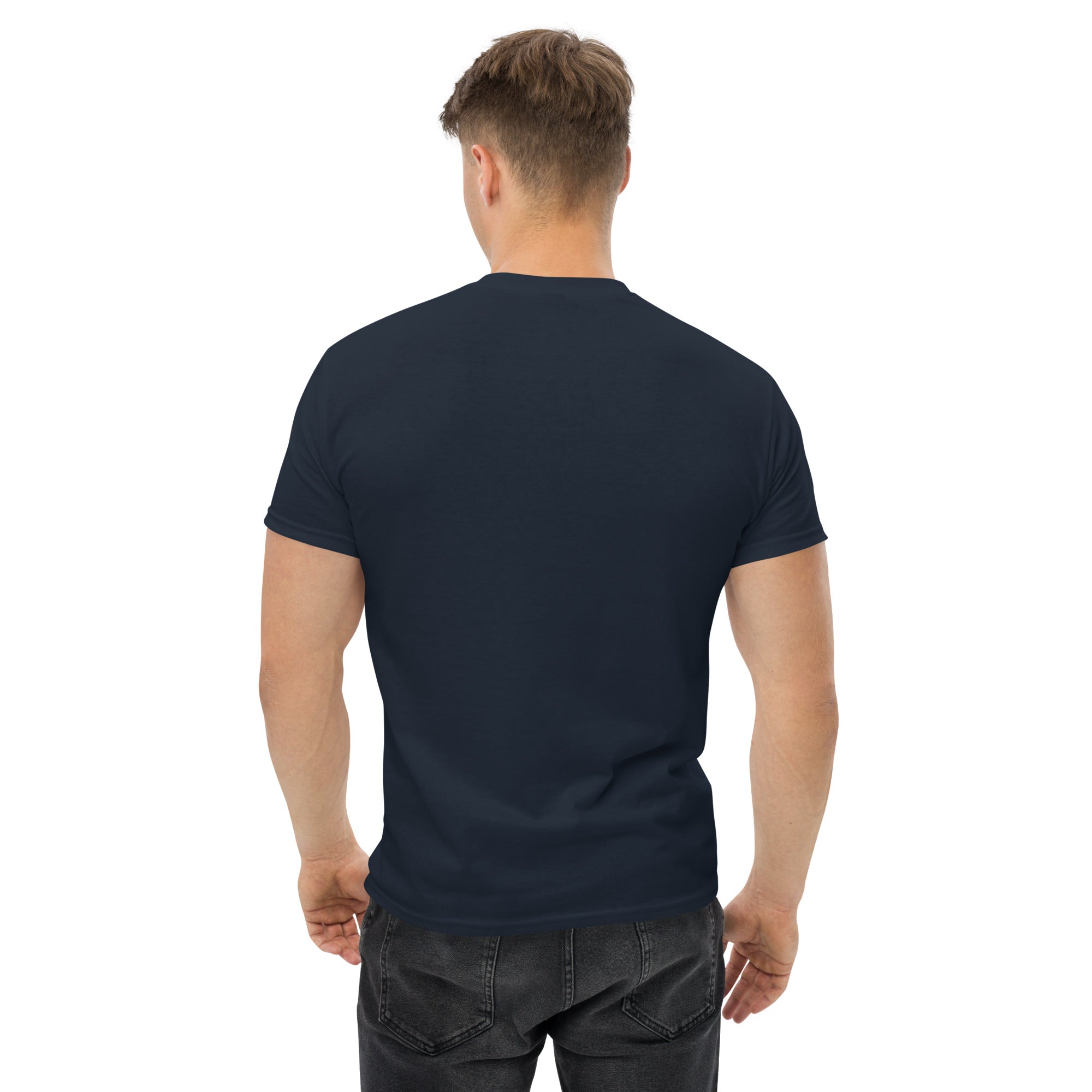 Cardio in the Aisle | travel workout tee in Navy (back view) — layover-ready travel fitness apparel by Dumbbells & Hotels